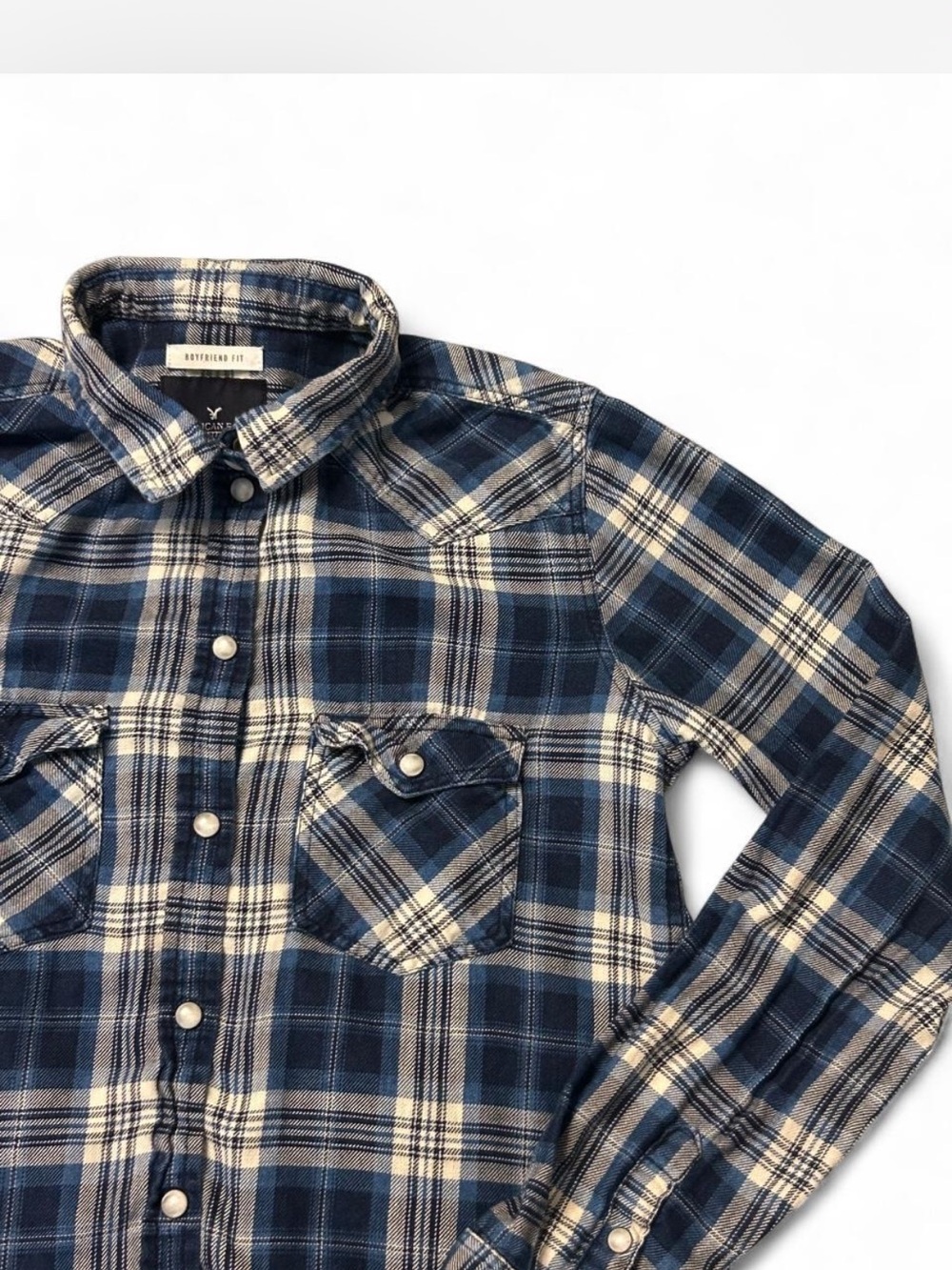 Women’s pearl snap Classic Blue Plaid Button-Front - Brand: boyfriend fit